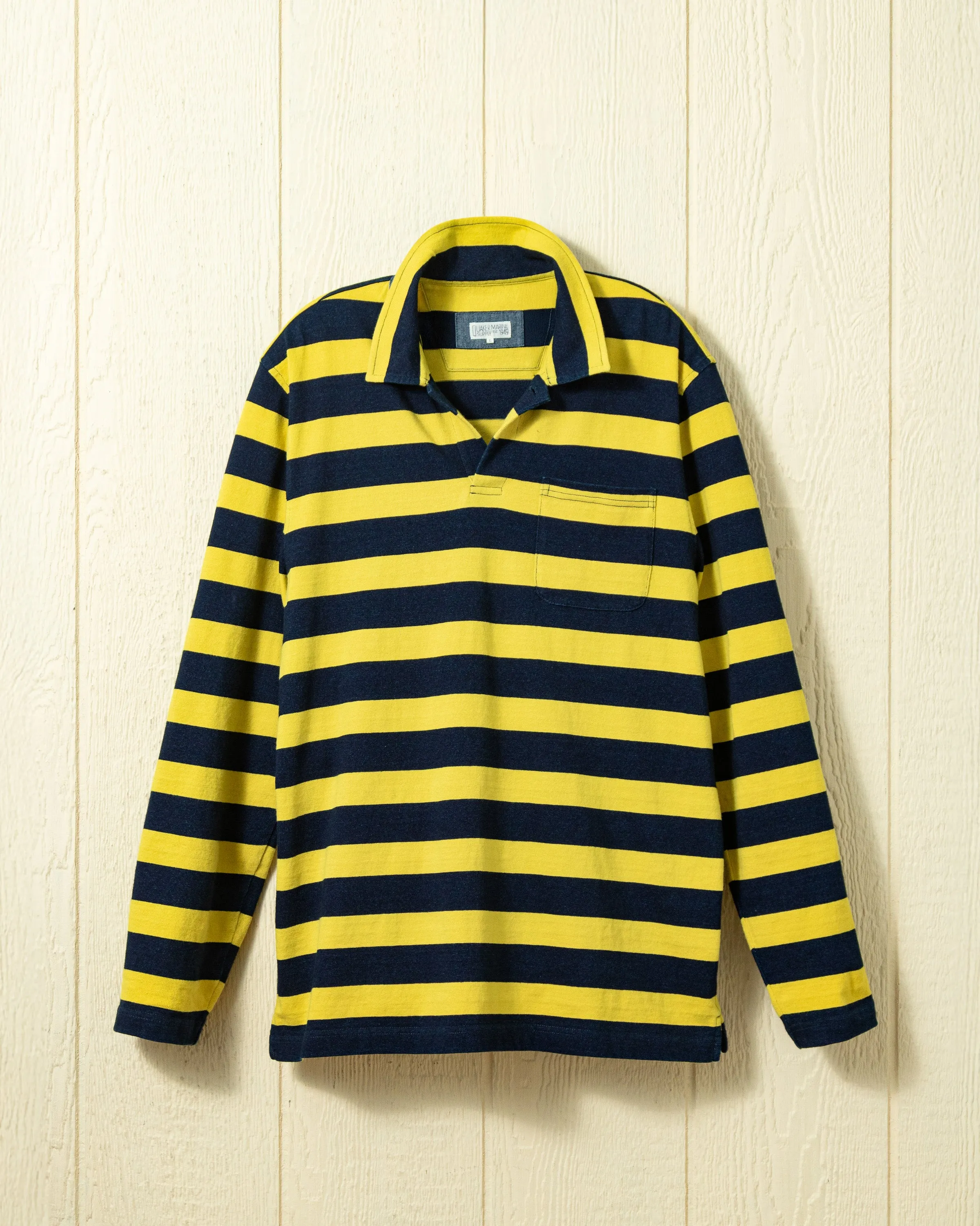 Long Sleeve Indigo Polo in Navy/Chrome Wide Stripe sold by Quaker Marine Supply