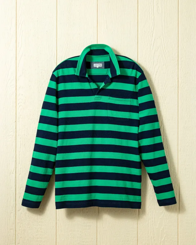Long Sleeve Indigo Polo in Navy/Billiard Green Wide Stripe sold by Quaker Marine Supply
