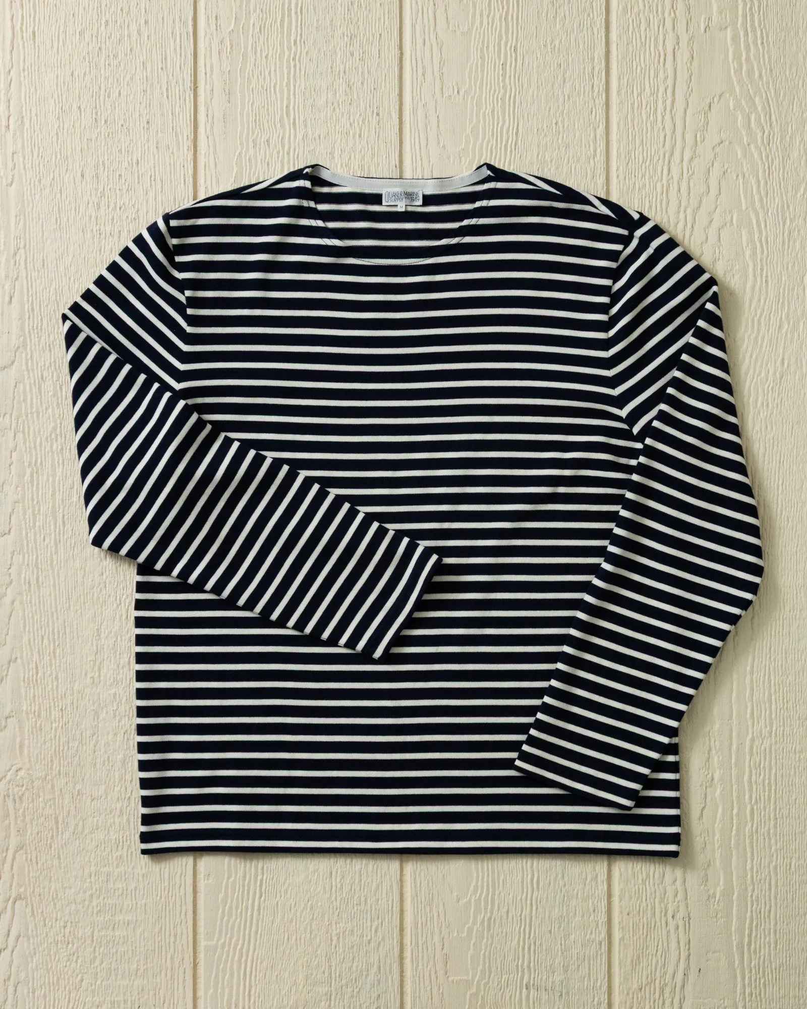 Men’s Breton Stripe Boatneck Tee in Navy/Off White sold by Quaker Marine Supply