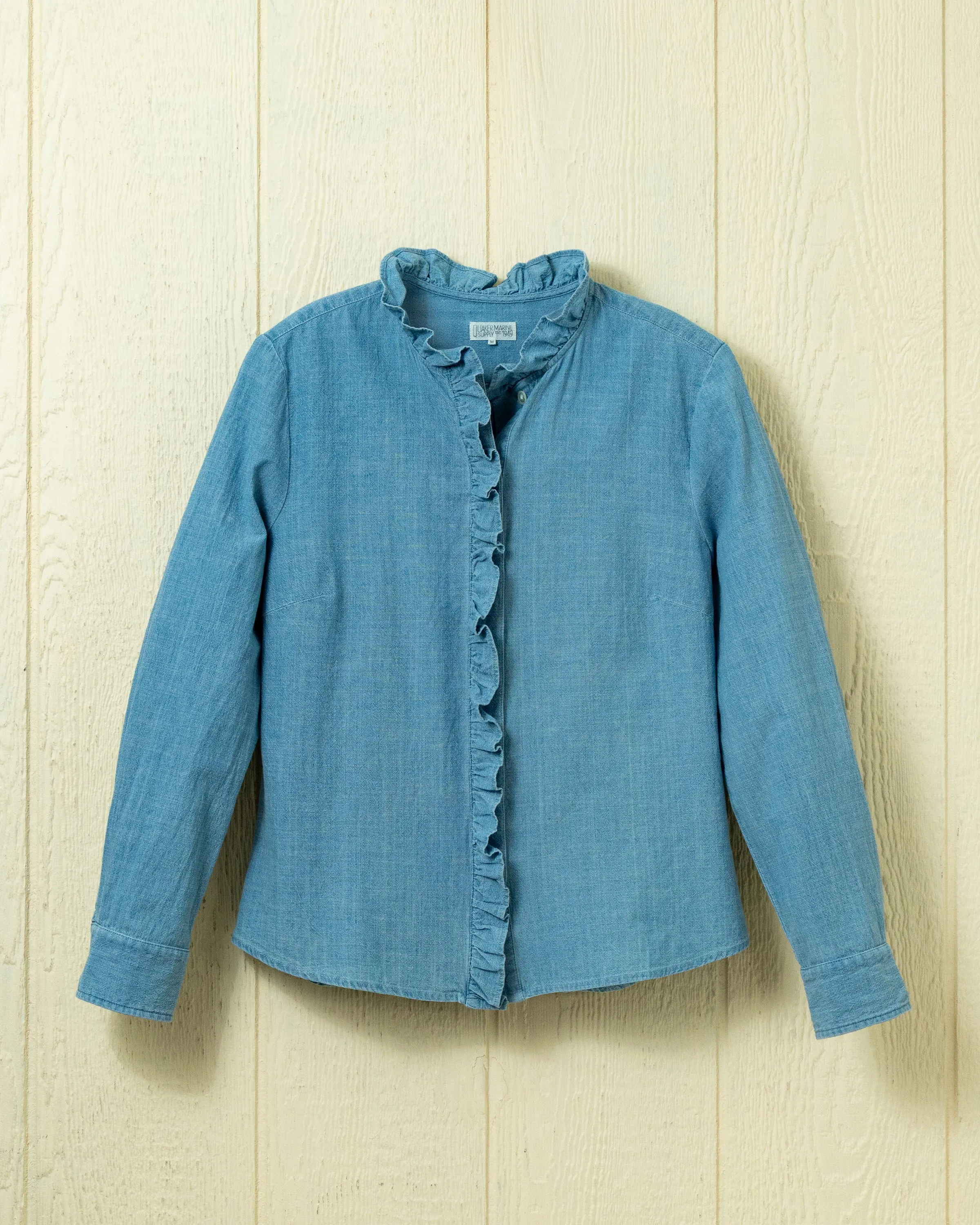 Ruffle Placket Shirt in Chambray sold by Quaker Marine Supply