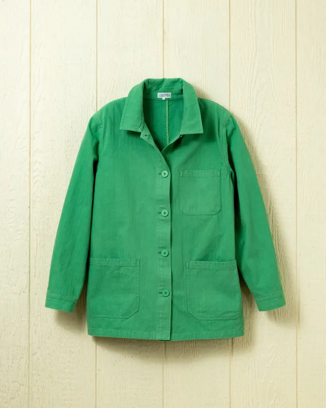 Women’s French Workman’s Jacket in Billiard Green Herringbone sold by Quaker Marine Supply
