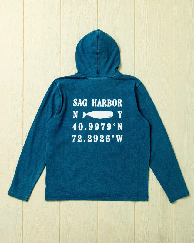 Sag Harbor Wharf Hoodie in Washed Indigo sold by Quaker Marine Supply