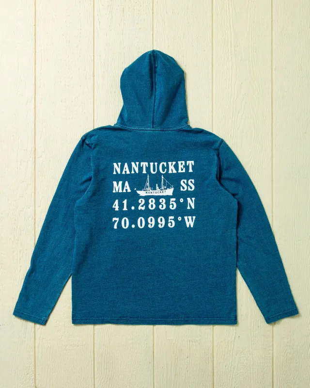 Nantucket Wharf Hoodie in Washed Indigo sold by Quaker Marine Supply
