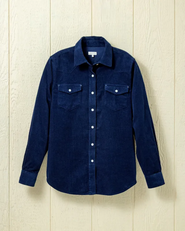 Women's Western Shirt in True Indigo Feather Cord made by Quaker Marine Supply