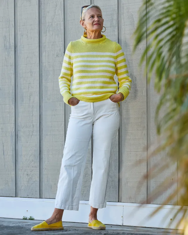 Women's Breton Stripe Fisherman's Sweater in Lemon/Egret sold by Quaker Marine Supply