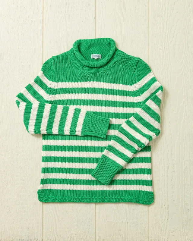 Women's Breton Stripe Fisherman's Sweater in Mint/Egret sold by Quaker Marine Supply