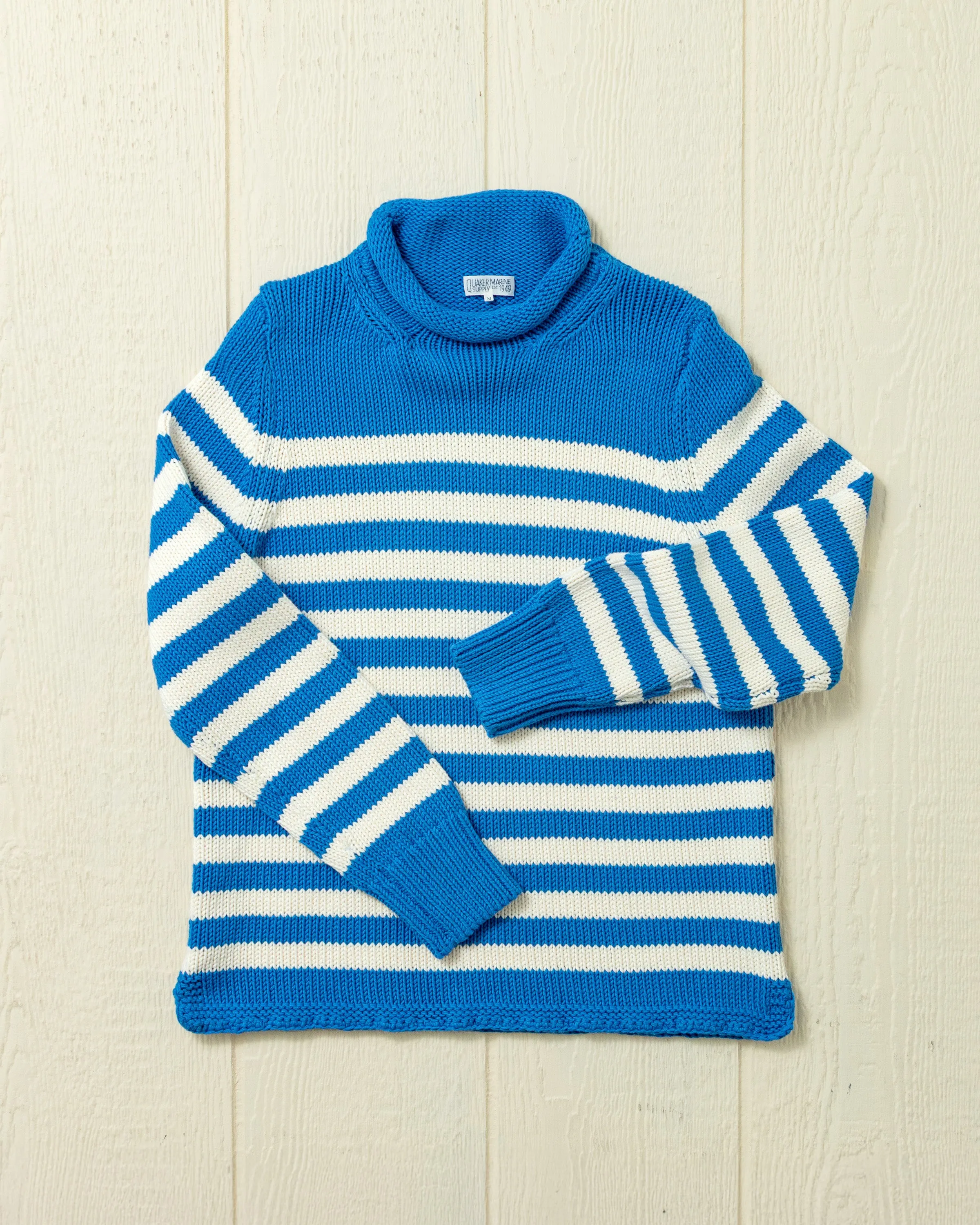 Women's Breton Stripe Fisherman's Sweater in Cerulean/Egret sold by Quaker Marine Supply