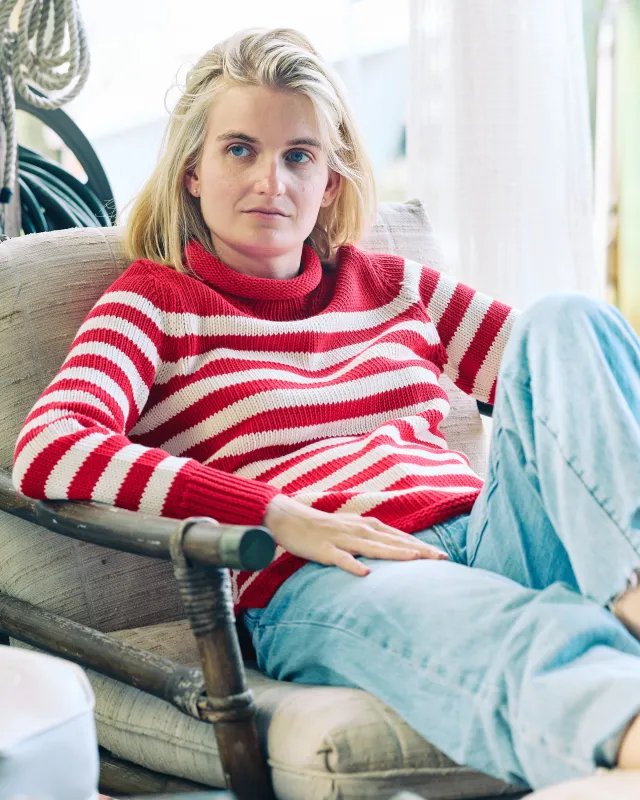 Women's Breton Stripe Fisherman's Sweater in Red/Egret sold by Quaker Marine Supply