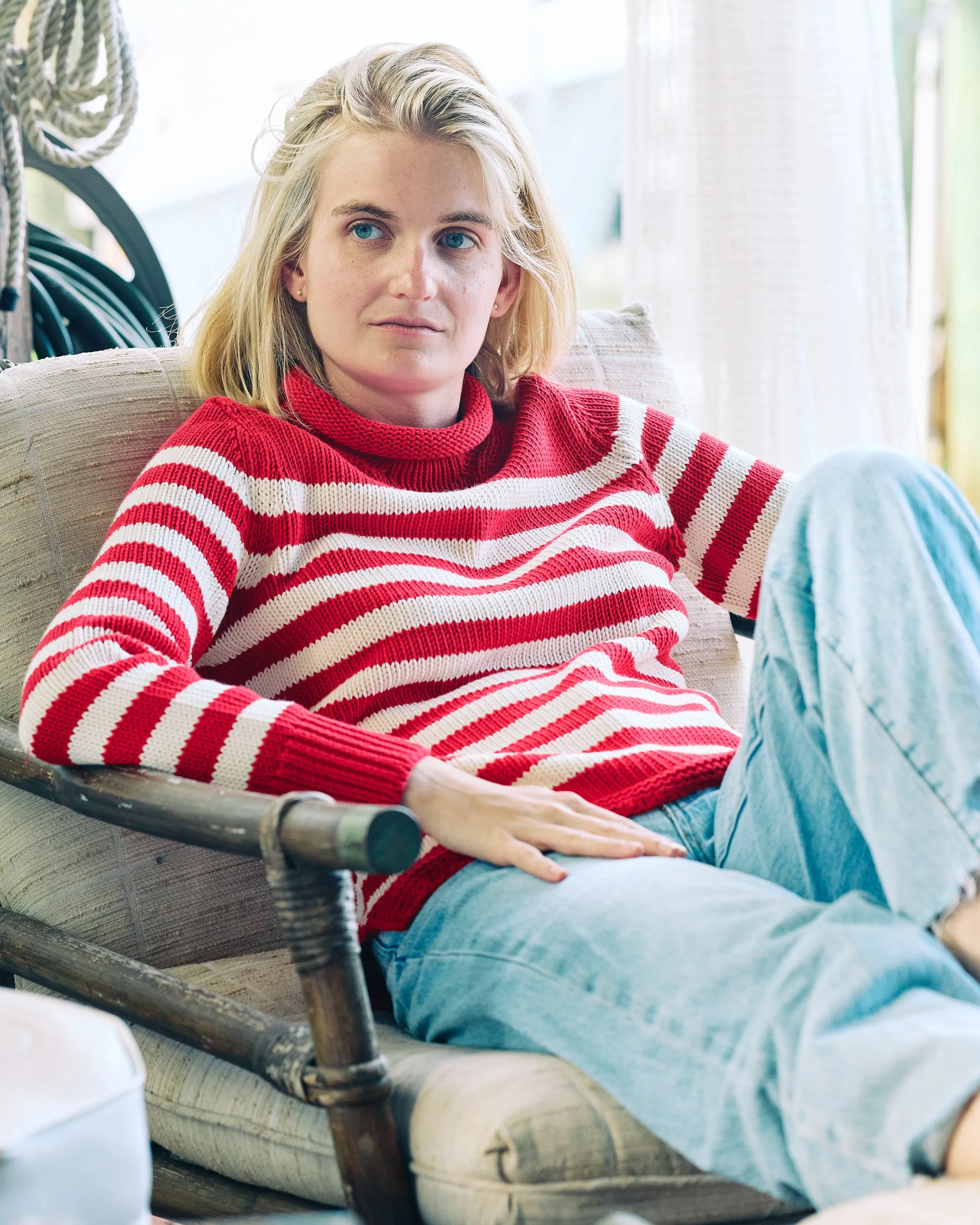 Women's Breton Stripe Fisherman's Sweater in Red/Egret sold by Quaker Marine Supply
