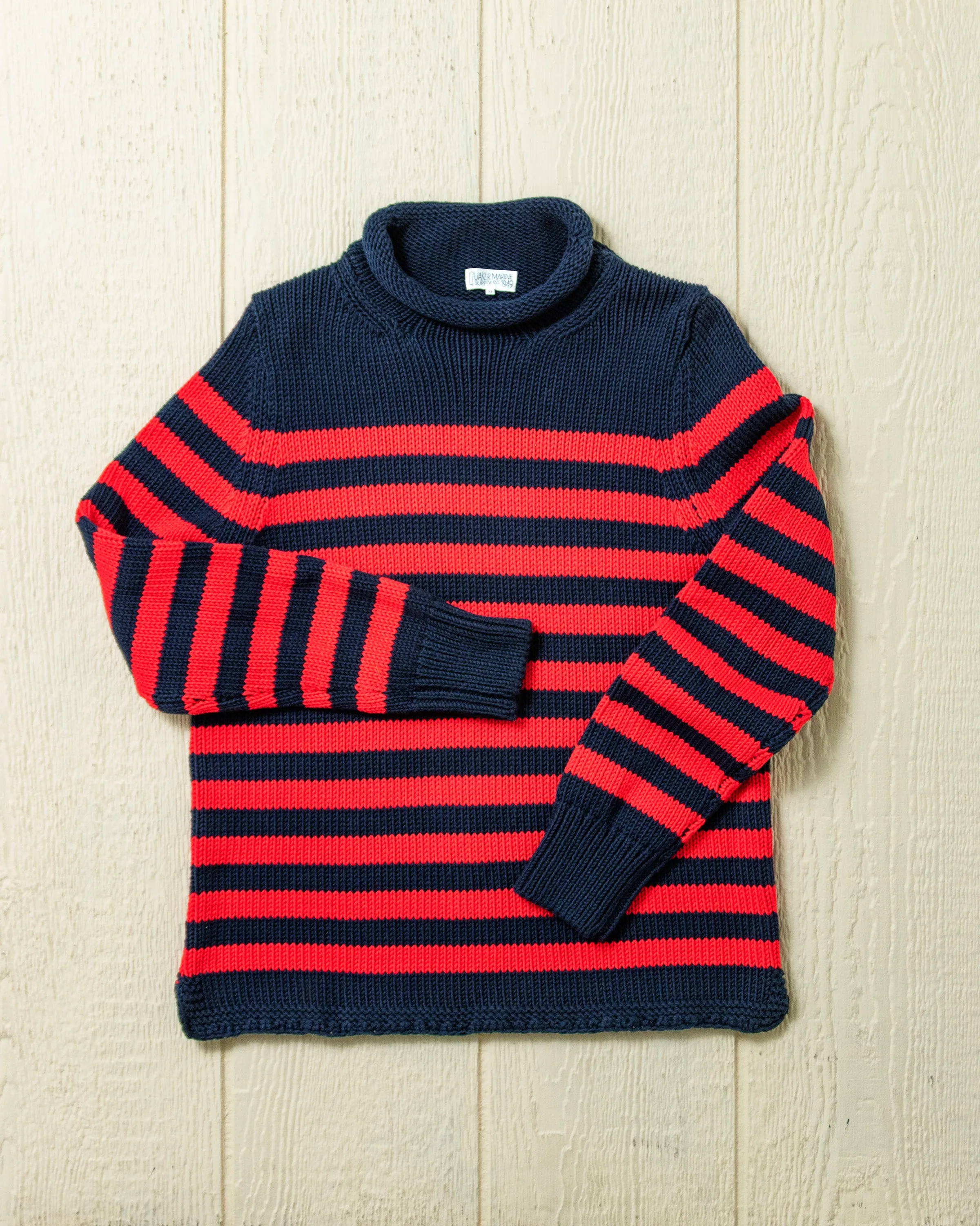 Women's Breton Stripe Fisherman's Sweater in Navy/Red sold by Quaker Marine Supply