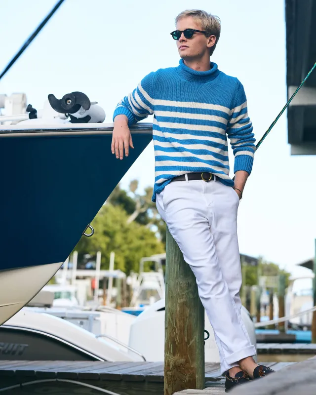 Breton Stripe Fisherman's Sweater in Cerulean/Egret sold by Quaker Marine Supply