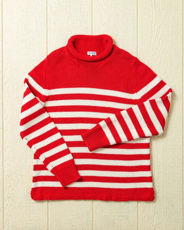 Breton Stripe Fisherman's Sweater in Red/Egret sold by Quaker Marine Supply