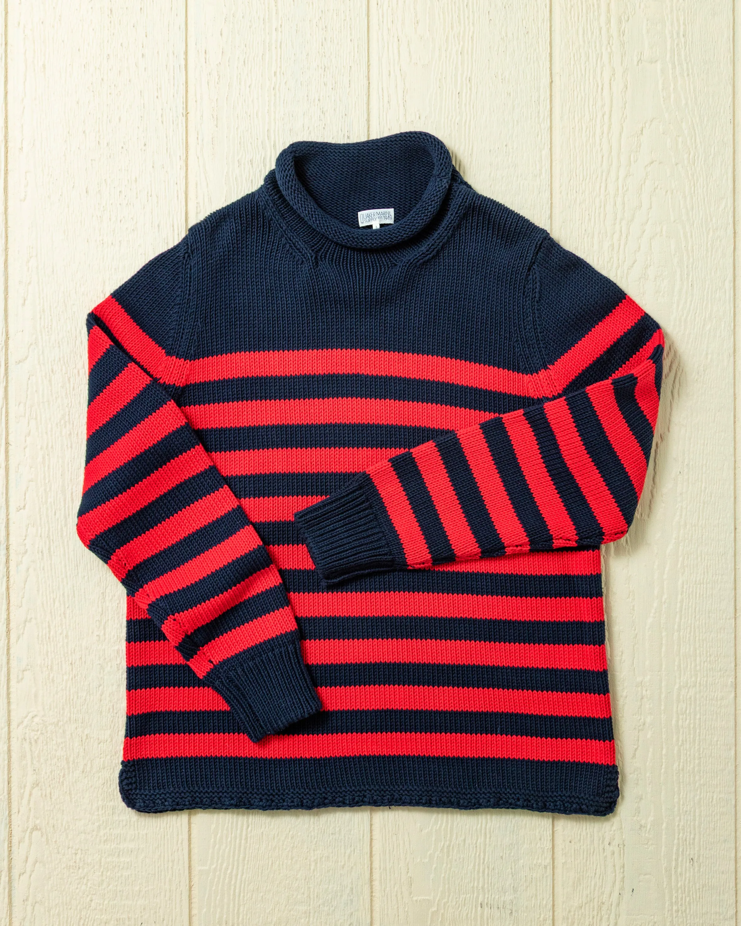 Breton Stripe Fisherman's Sweater in Navy/Red sold by Quaker Marine Supply