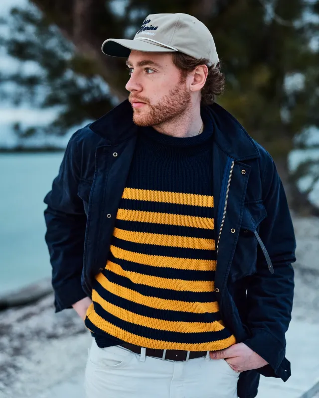 Breton Stripe Fisherman's Sweater in Navy/Gold sold by Quaker Marine Supply