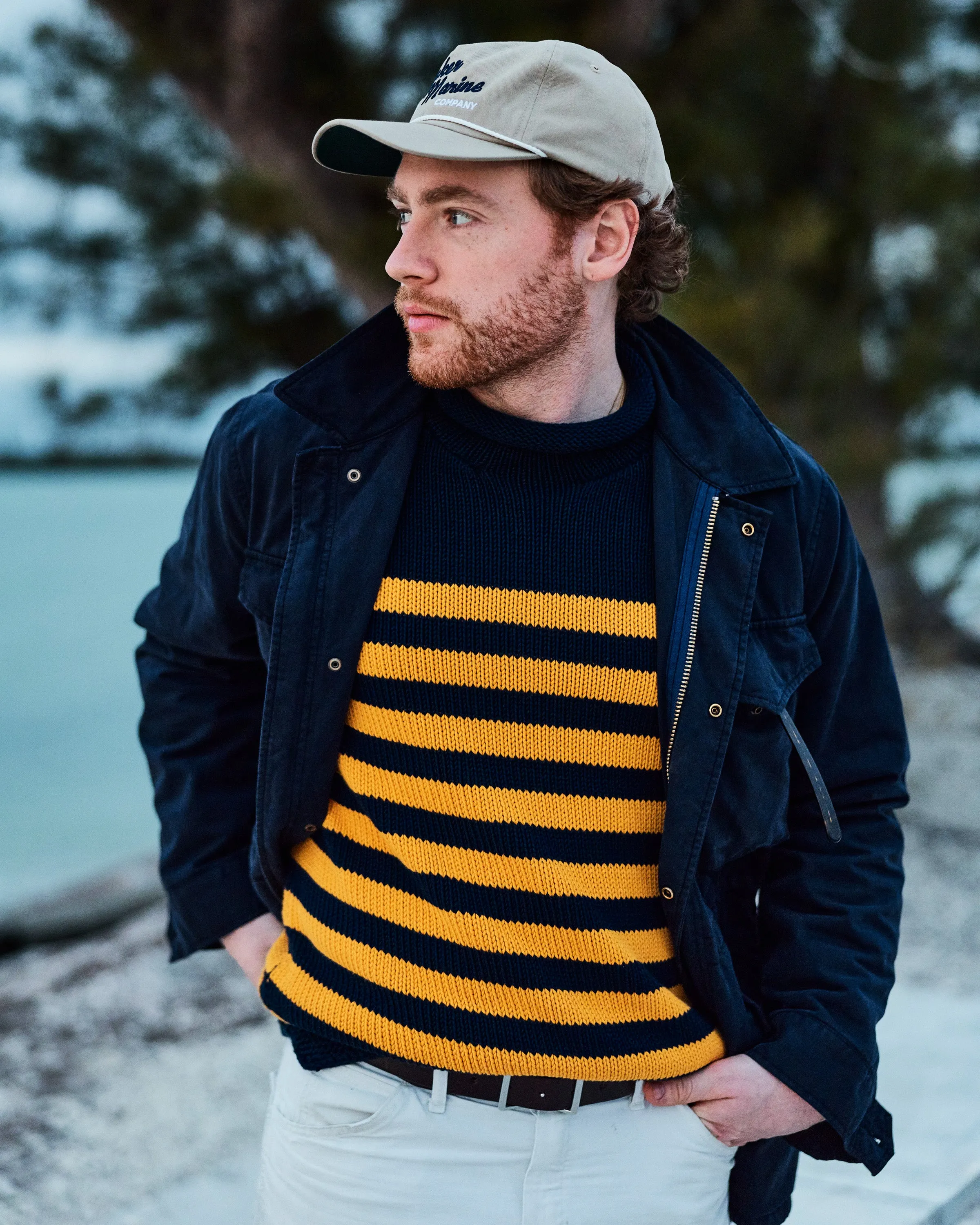 Breton Stripe Fisherman's Sweater in Navy/Gold sold by Quaker Marine Supply