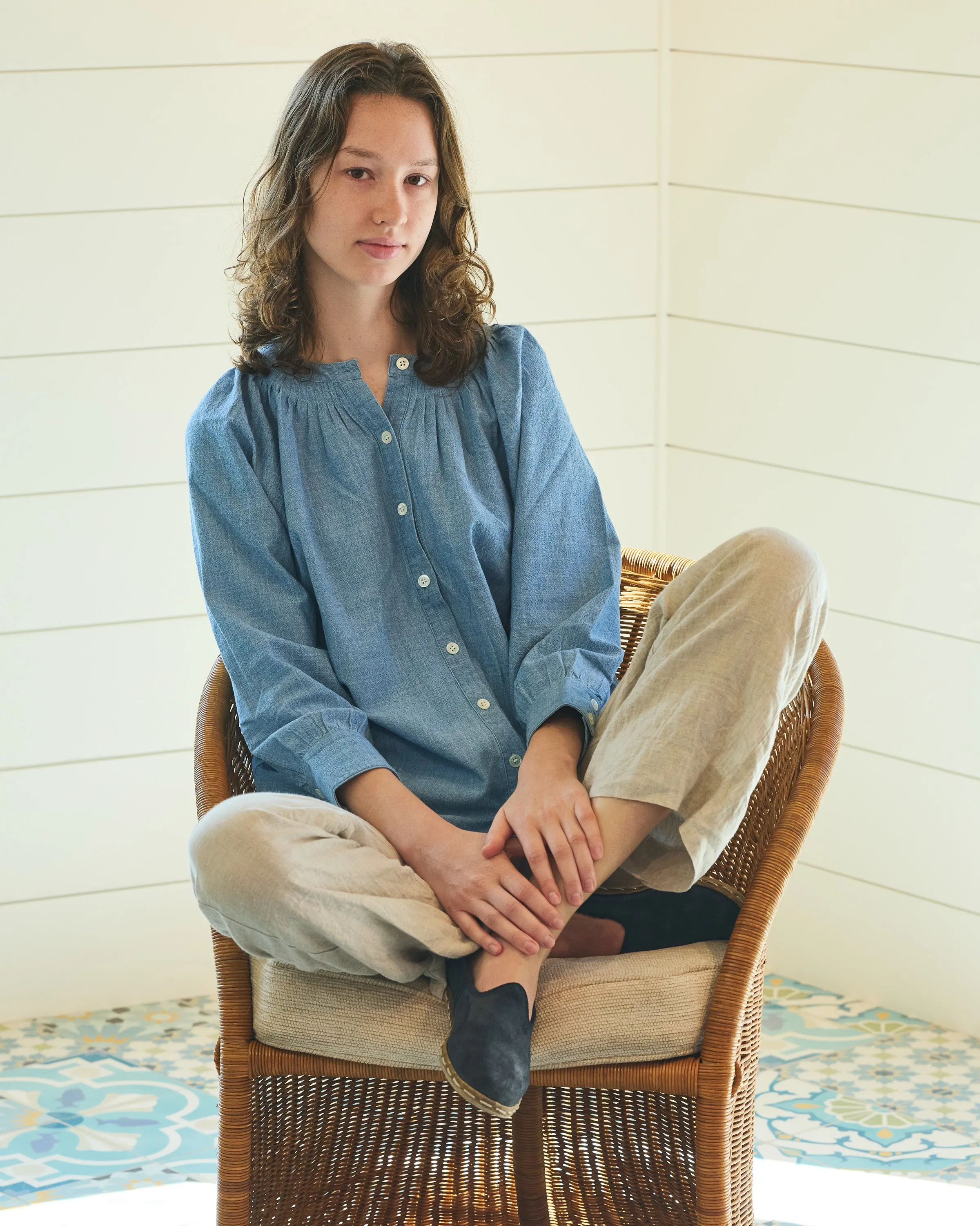 Women's Raglan Tuck Shirt in Chambray sold by Quaker Marine Supply