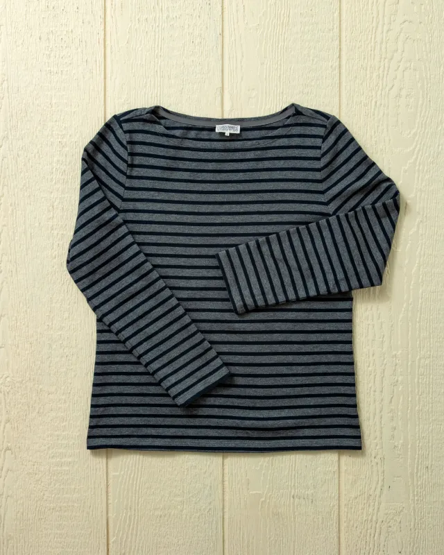 Women’s Breton Stripe Boatneck Tee in Navy/Grey Heather made by Quaker Marine Supply
