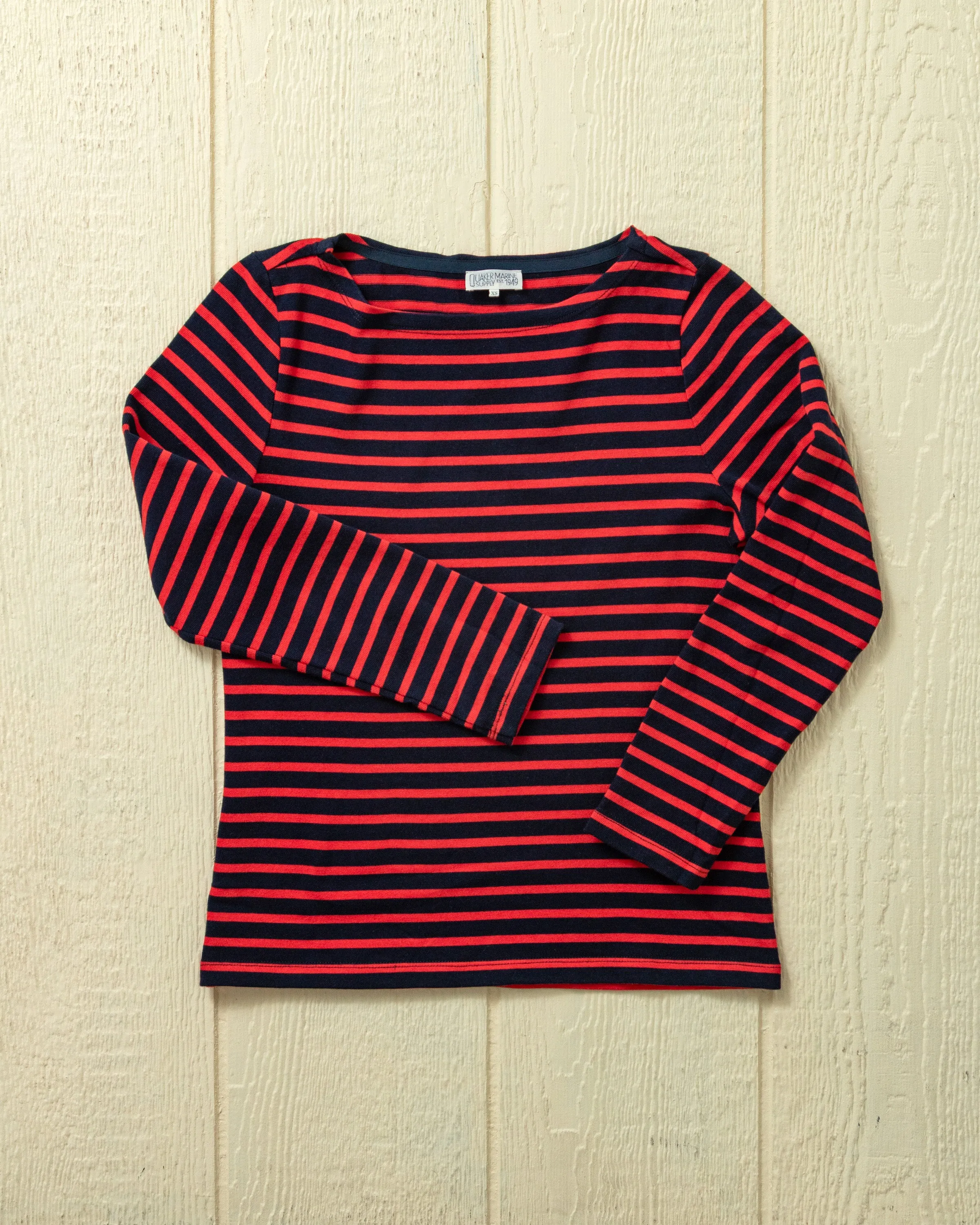 Women’s Breton Stripe Boatneck Tee in Navy/Red sold by Quaker Marine Supply