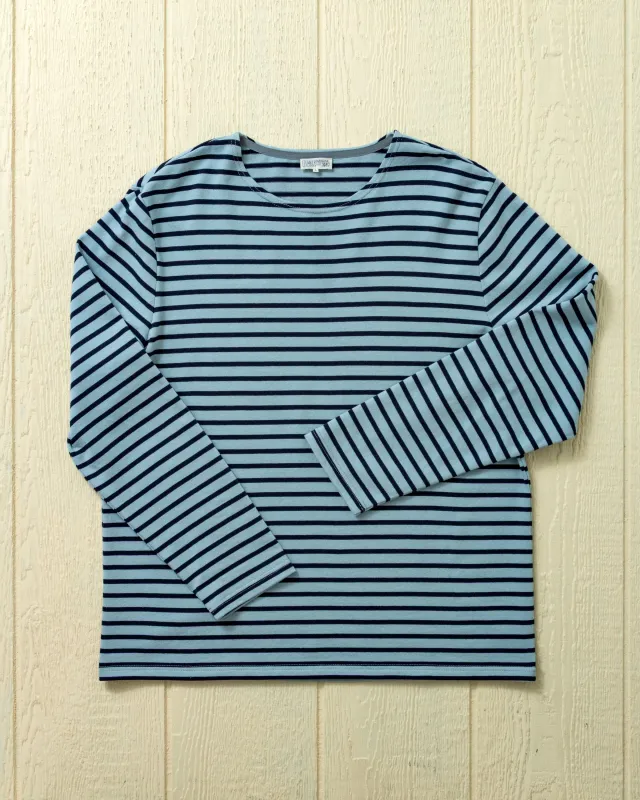 Men's Breton Stripe Boatneck Tee In Atlantic Blue/Navy made by Quaker Marine Supply