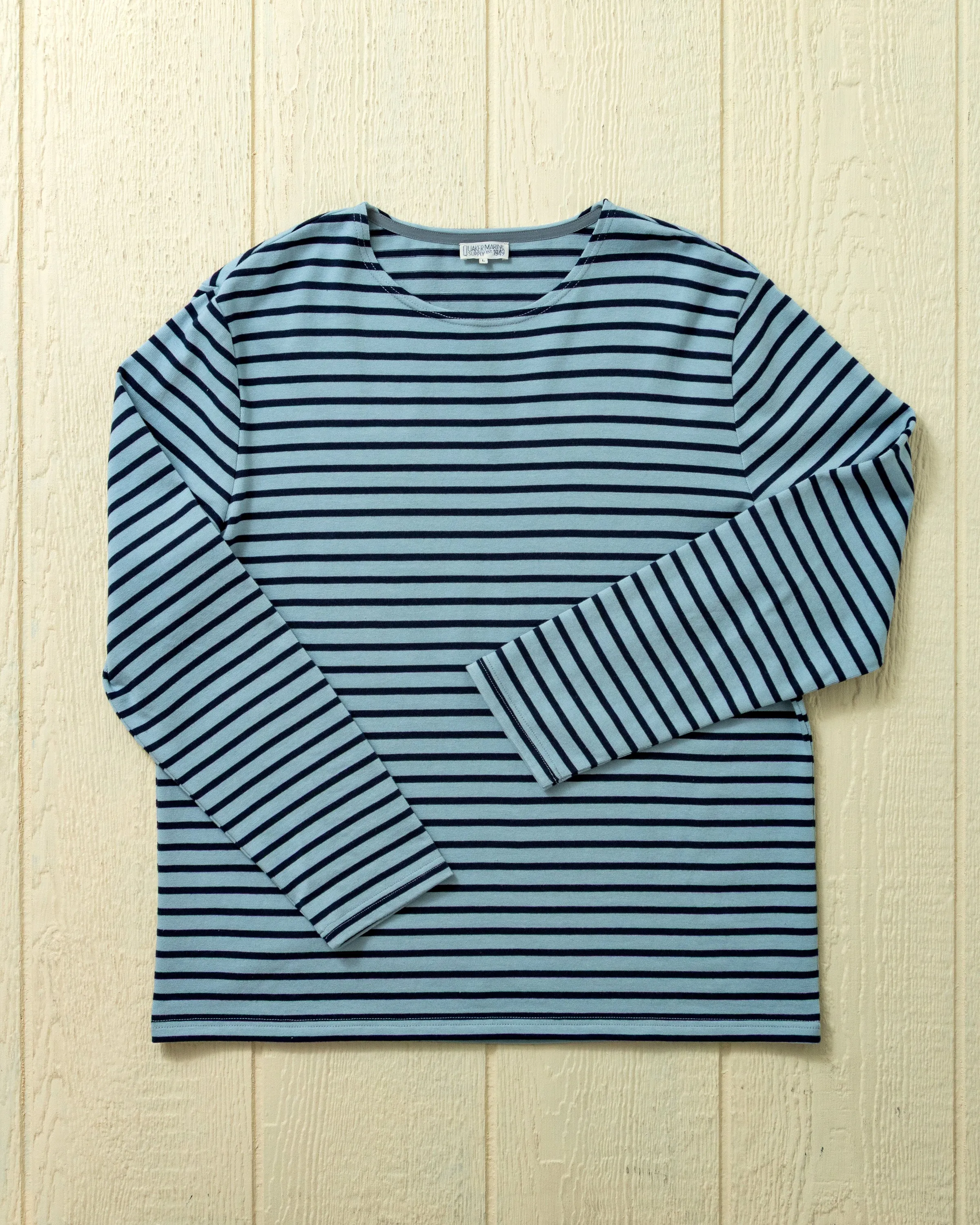 Men's Breton Stripe Boatneck Tee In Atlantic Blue/Navy sold by Quaker Marine Supply