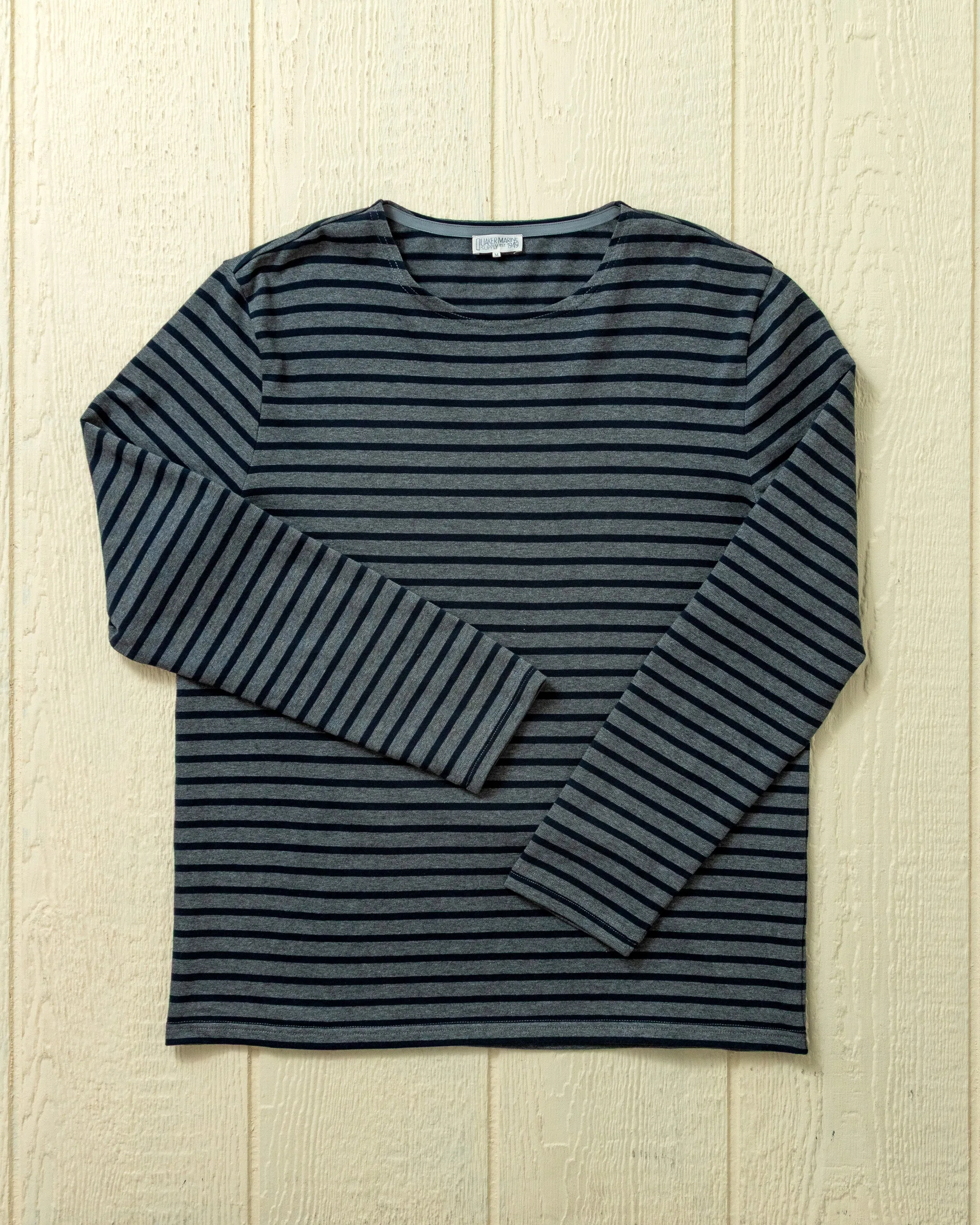 Men's Breton Stripe Boatneck Tee In Heather Grey/Navy sold by Quaker Marine Supply