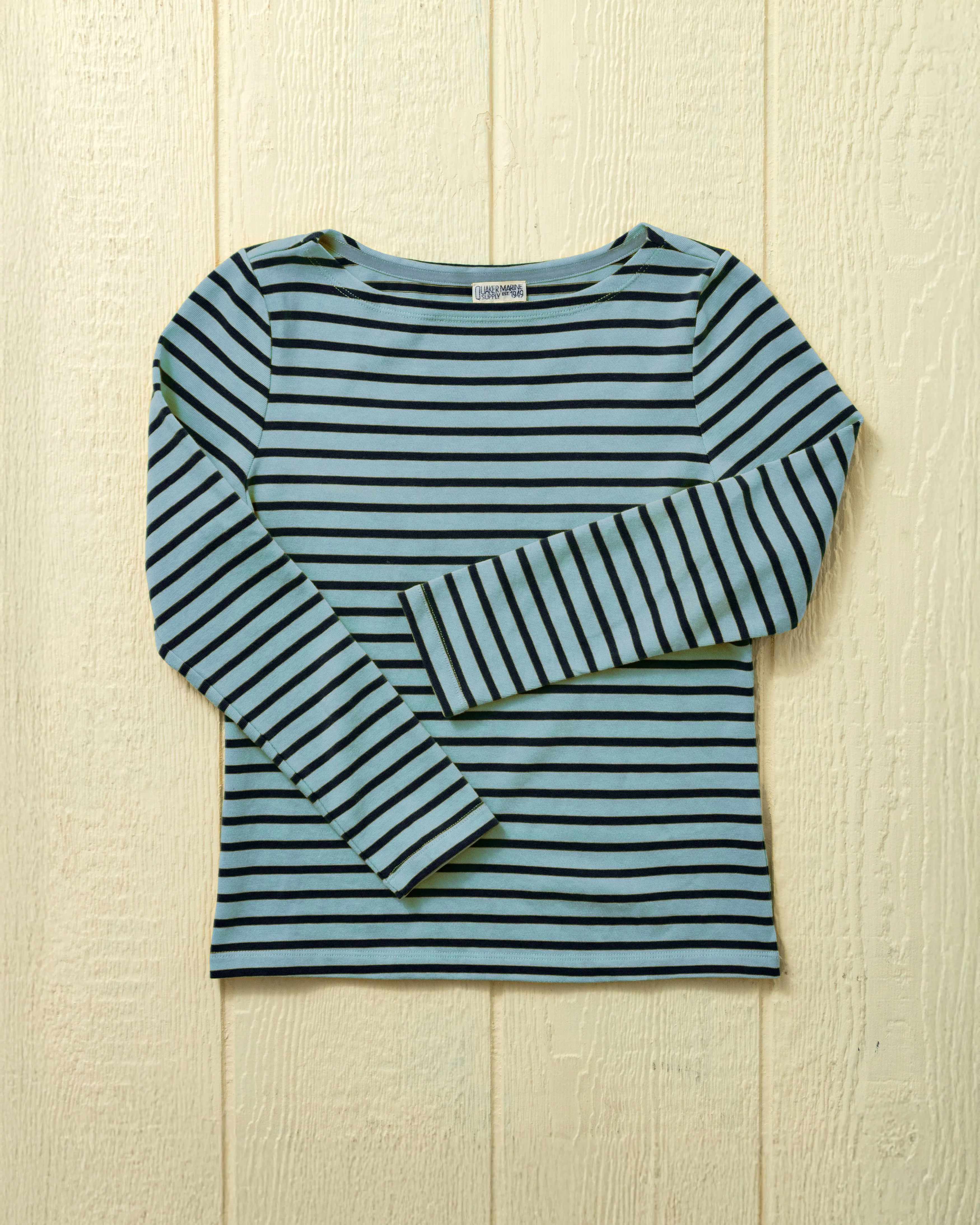 Women’s Breton Stripe Boatneck Tee in Navy/Atlantic Blue sold by Quaker Marine Supply