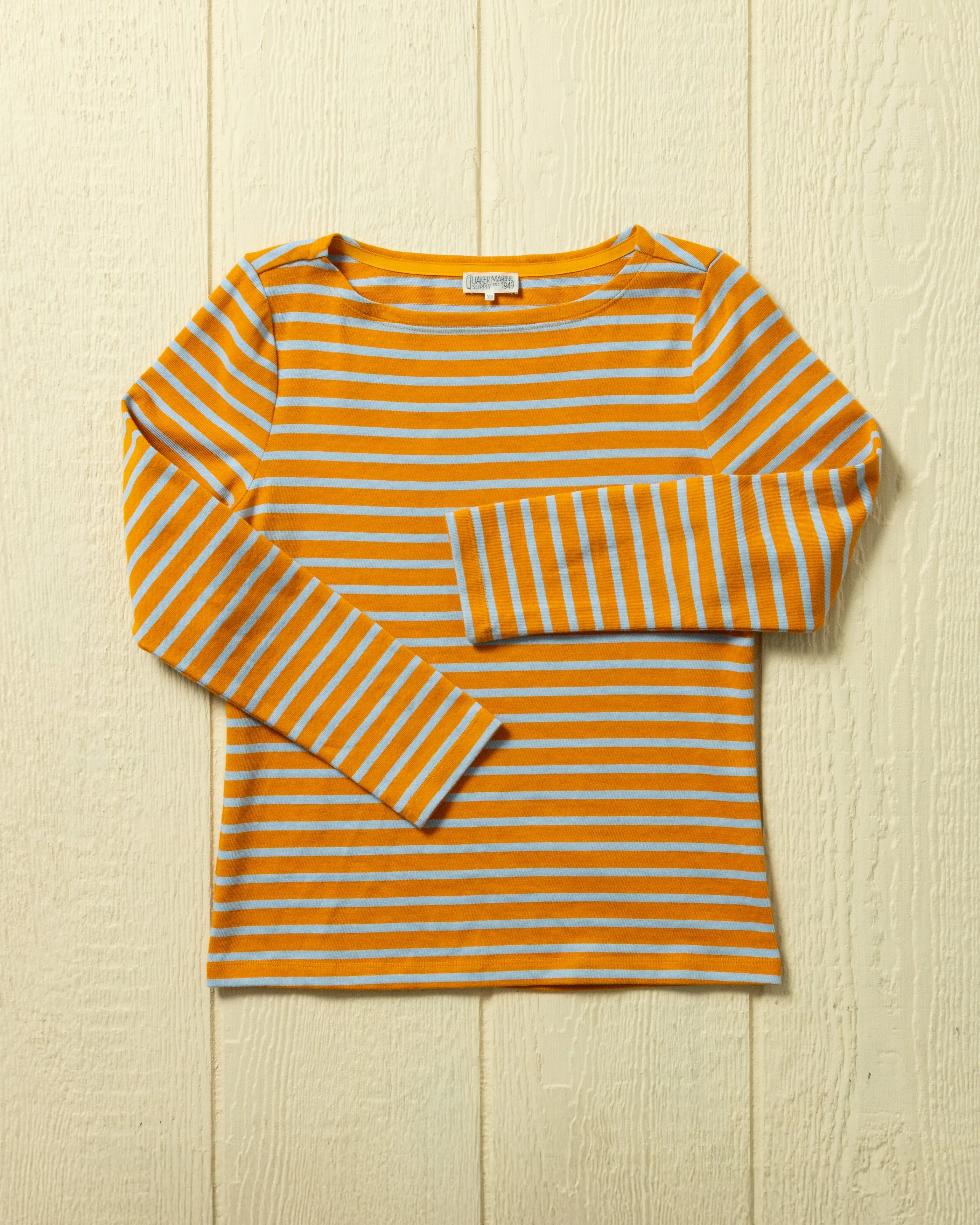 Women’s Breton Stripe Boatneck Tee in Amber/Chambray sold by Quaker Marine Supply product image thumbnail 2
