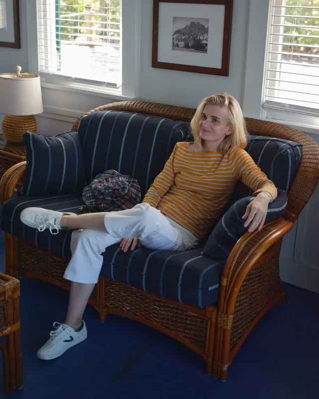 Women’s Breton Stripe Boatneck Tee in Amber/Chambray made by Quaker Marine Supply