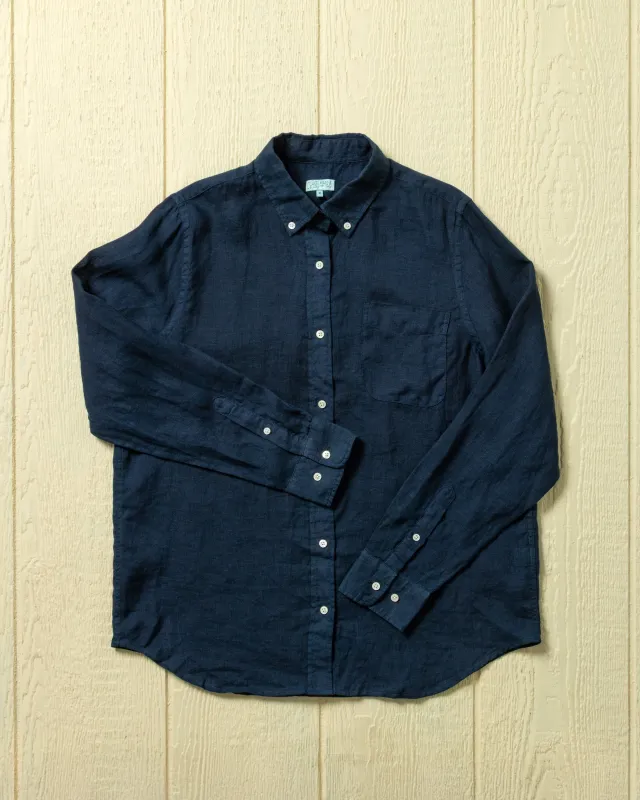 Women's Garment Dyed Linen Shirt in Navy made by Quaker Marine Supply