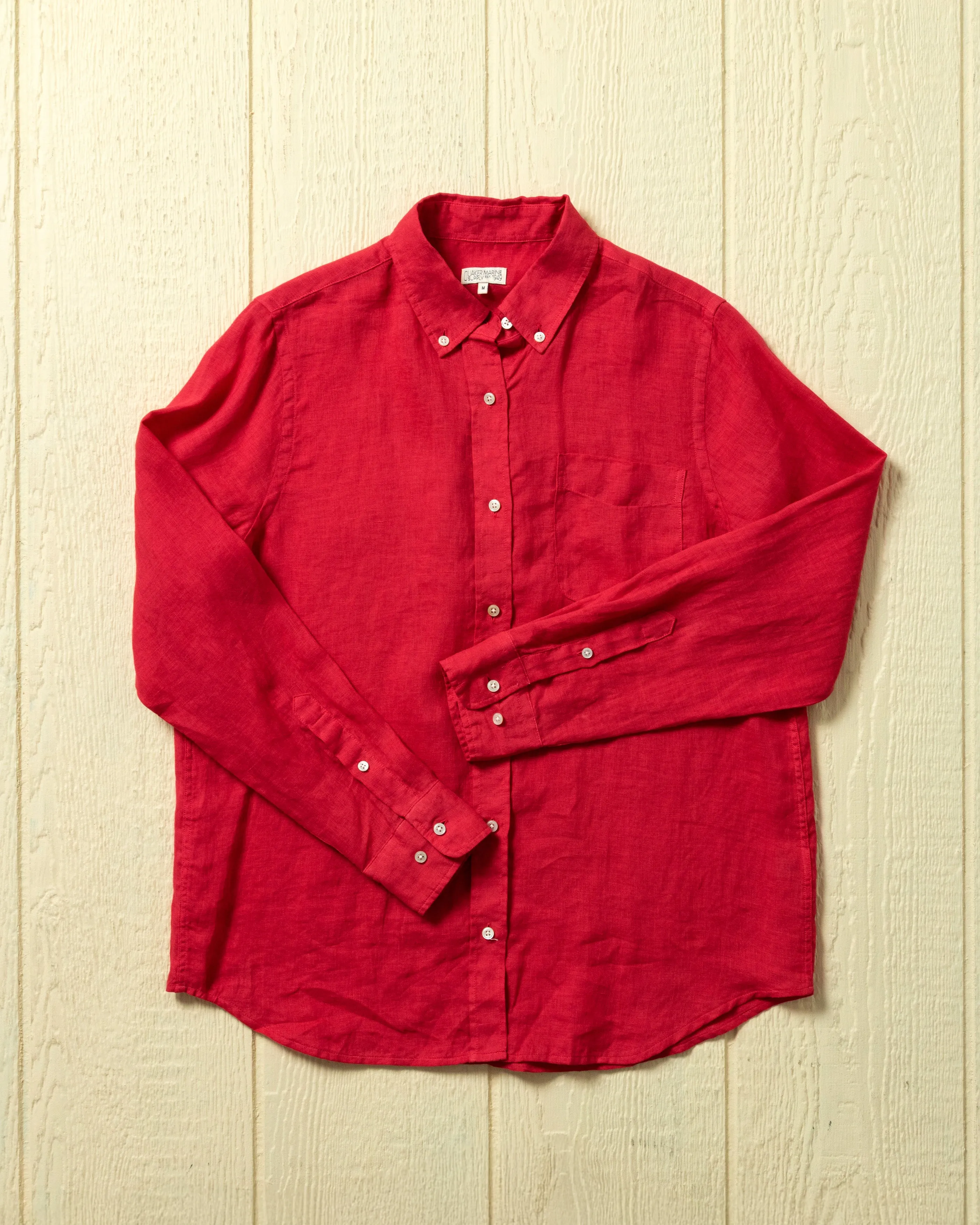 Women's Garment Dyed Linen Shirt in Crimson sold by Quaker Marine Supply