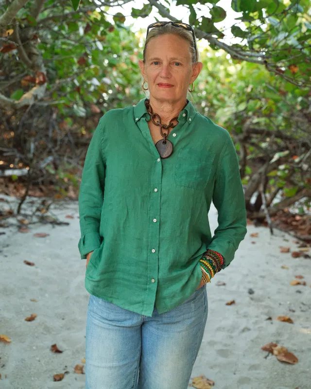 Women's Garment Dyed Linen Shirt in Billiard Green made by Quaker Marine Supply
