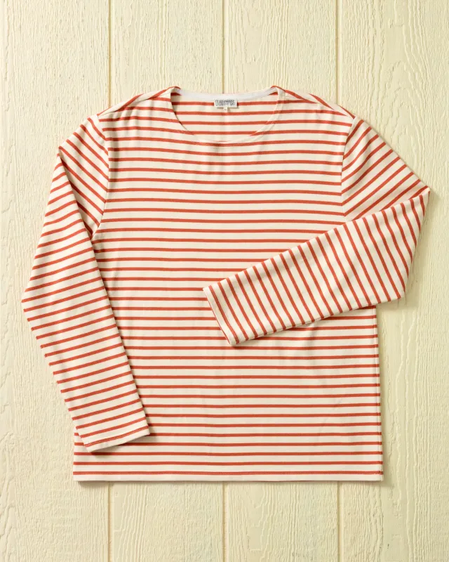 Men's Breton Stripe Boatneck Tee in Off White/Papaya made by Quaker Marine Supply