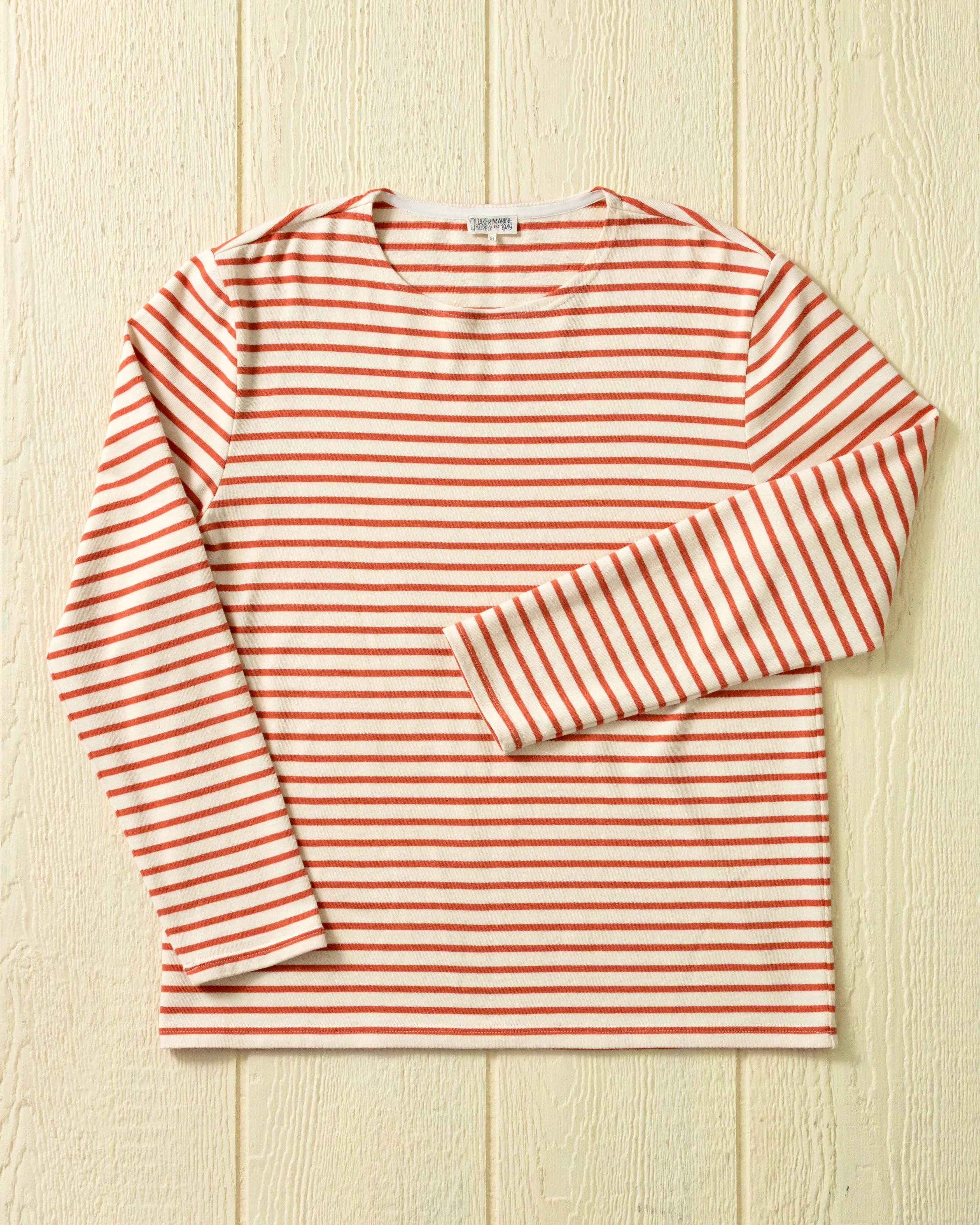 Men's Breton Stripe Boatneck Tee in Off White/Papaya sold by Quaker Marine Supply