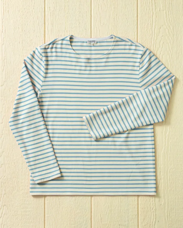 Men's Breton Stripe Boatneck Tee in Off White/Sky made by Quaker Marine Supply