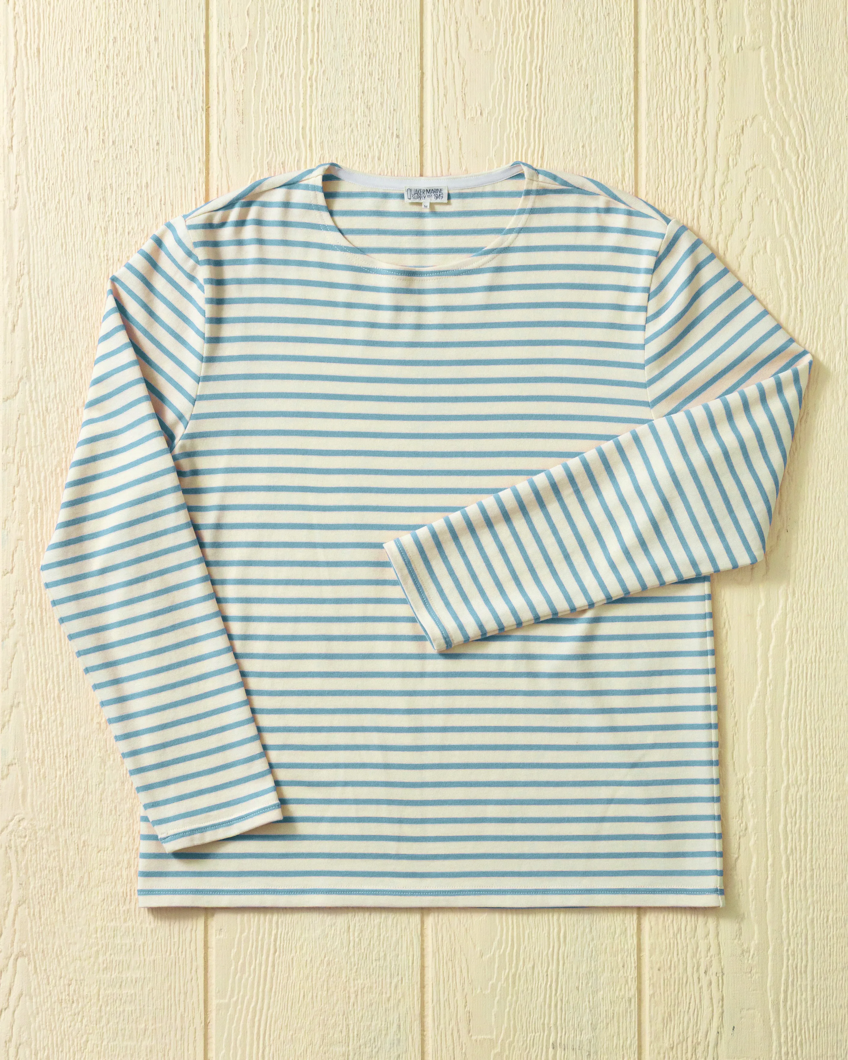 Men's Breton Stripe Boatneck Tee in Off White/Sky sold by Quaker Marine Supply