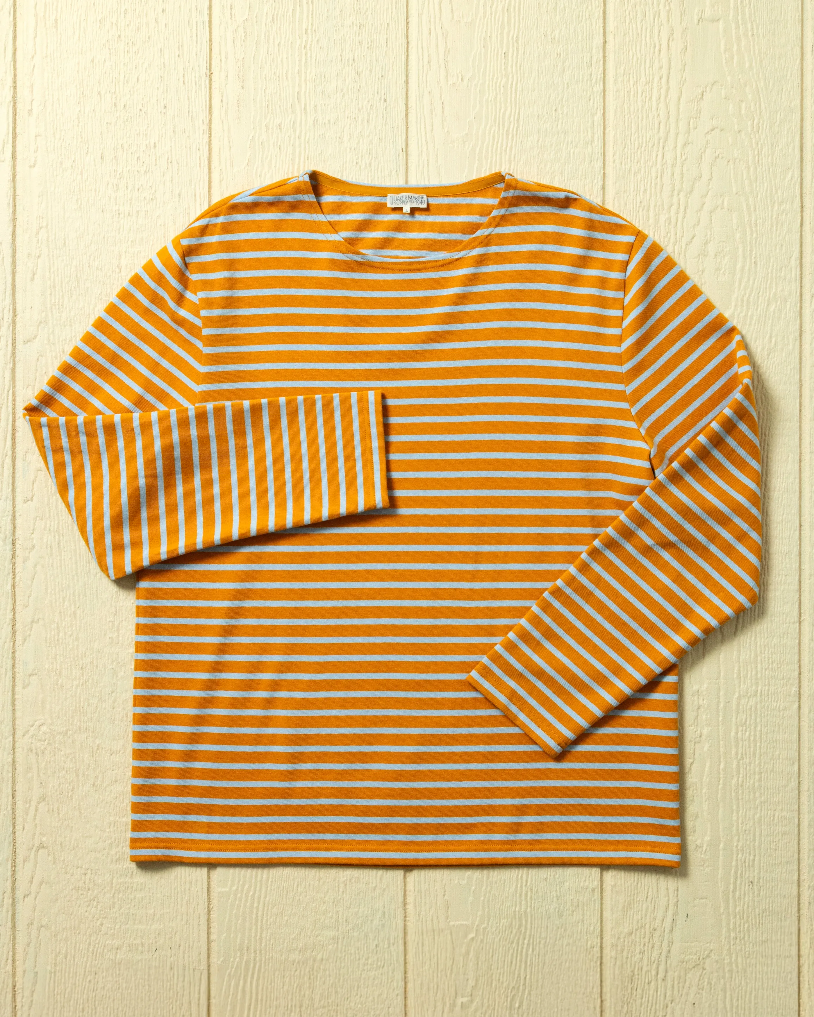 Men's Breton Stripe Boatneck Tee in Amber/Chambray sold by Quaker Marine Supply product image thumbnail 2
