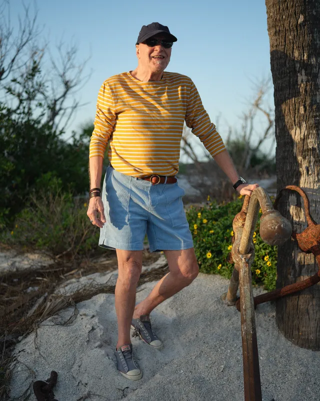 Men's Breton Stripe Boatneck Tee in Amber/Chambray made by Quaker Marine Supply