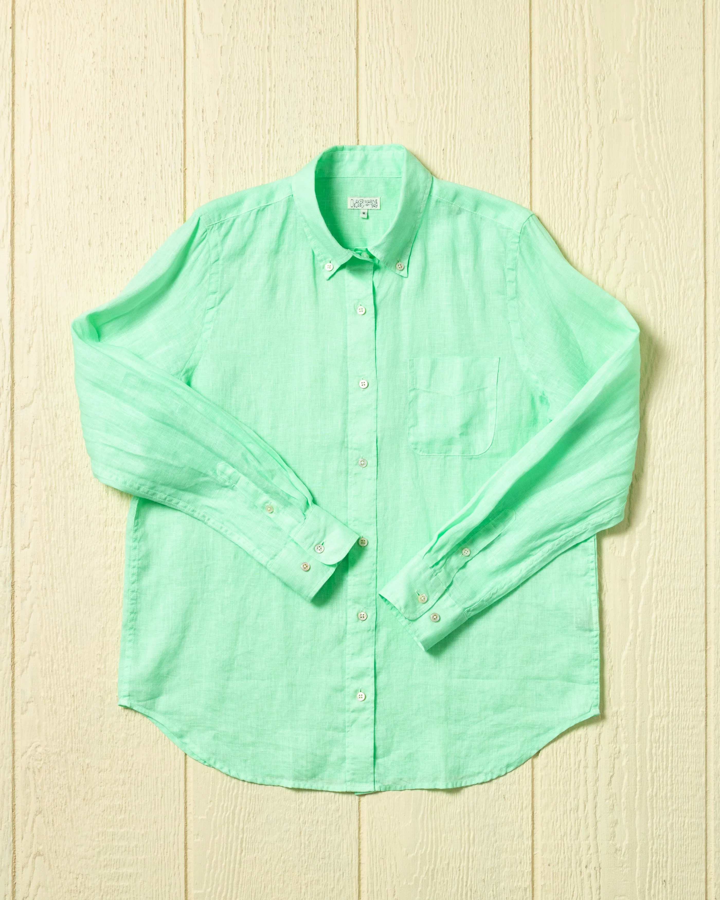 Women's Garment Dyed Linen Shirt in Mint sold by Quaker Marine Supply