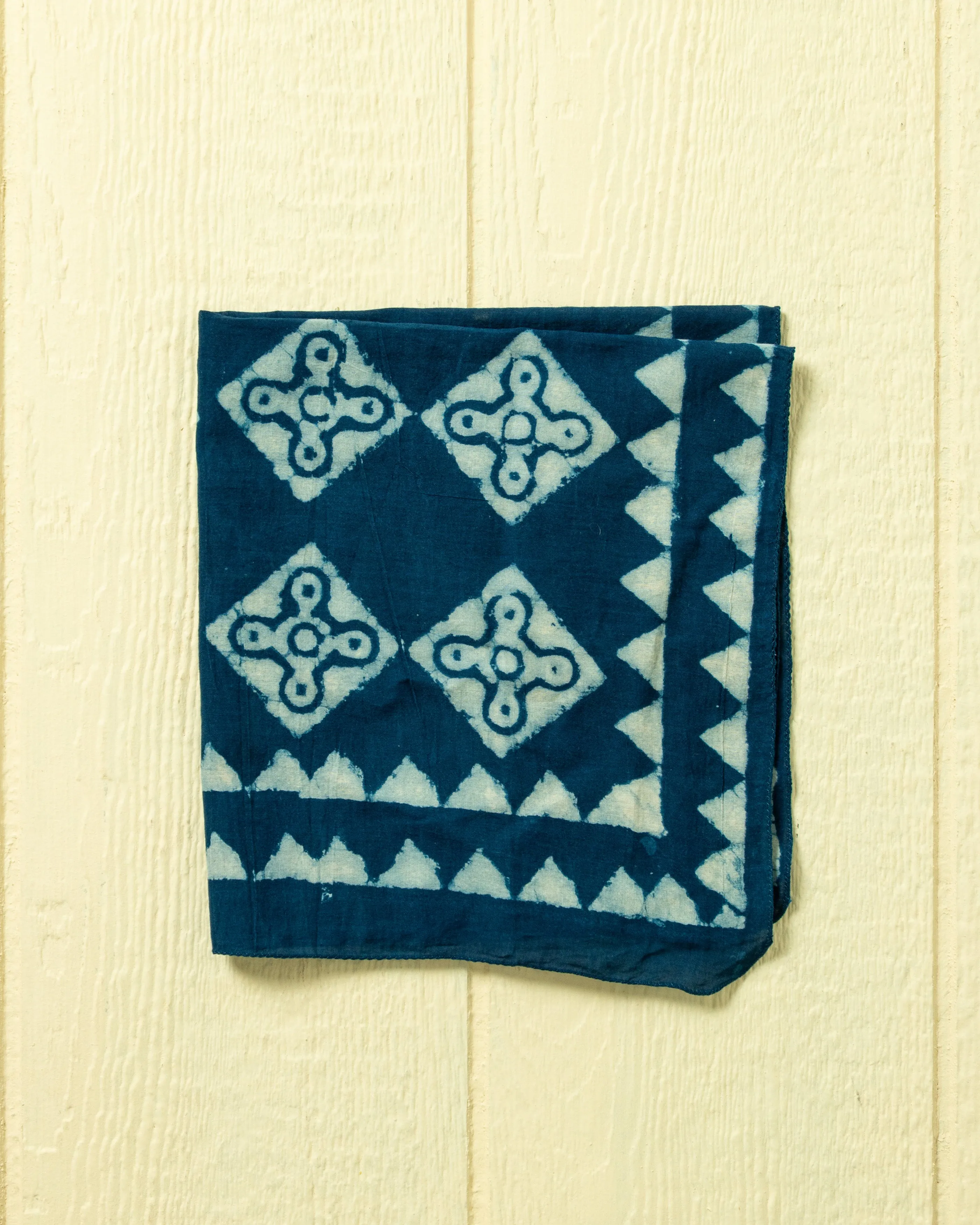 Hand Blocked Bandana in Indigo Geometric sold by Quaker Marine Supply