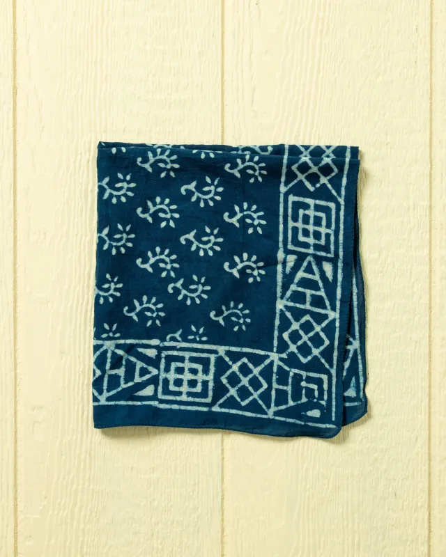Hand Blocked Bandana in Indigo Floral made by Quaker Marine Supply