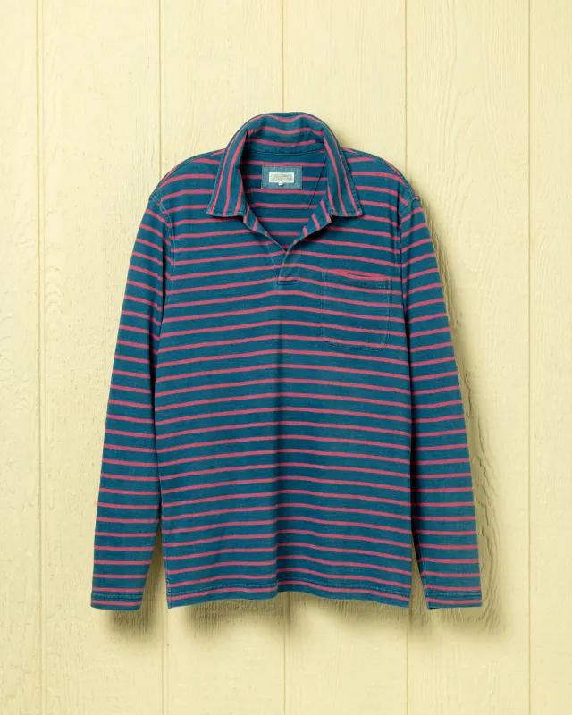 Long Sleeve Indigo Polo in ¾" Magenta/Navy Stripe made by Quaker Marine Supply