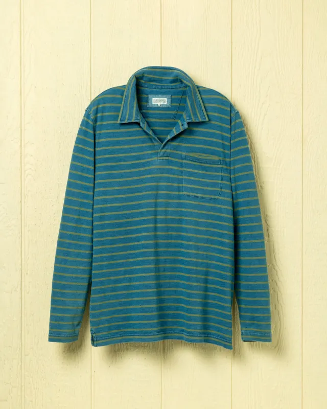Long Sleeve Indigo Polo in ¾" Green/Navy Stripe made by Quaker Marine Supply