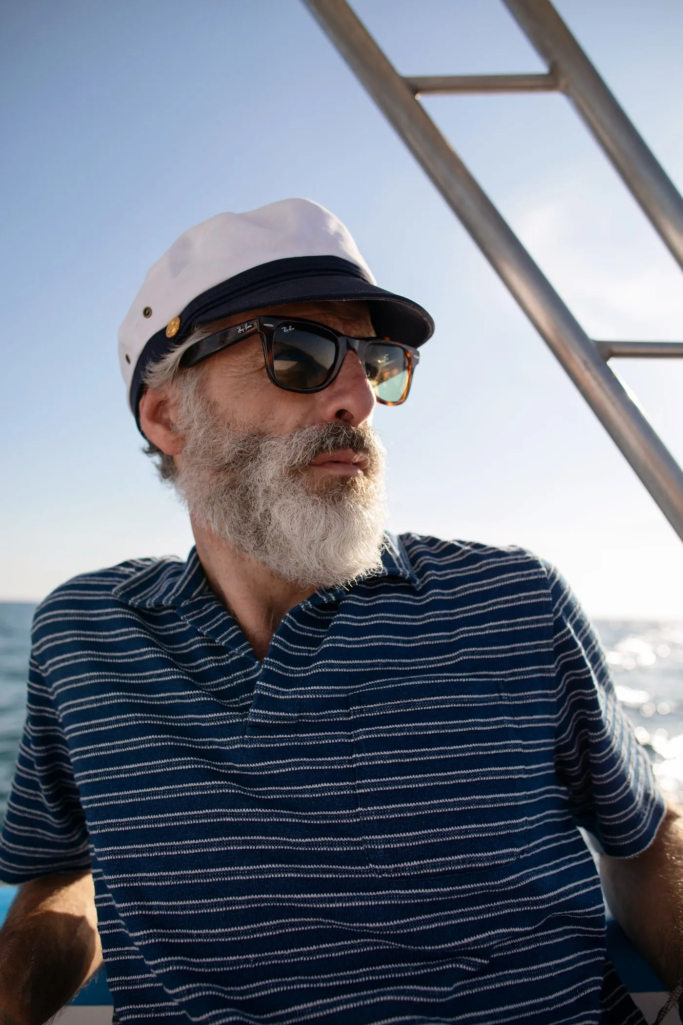 Indigo Polo in Mid Wash Jacquard Stripe sold by Quaker Marine Supply product image thumbnail 4