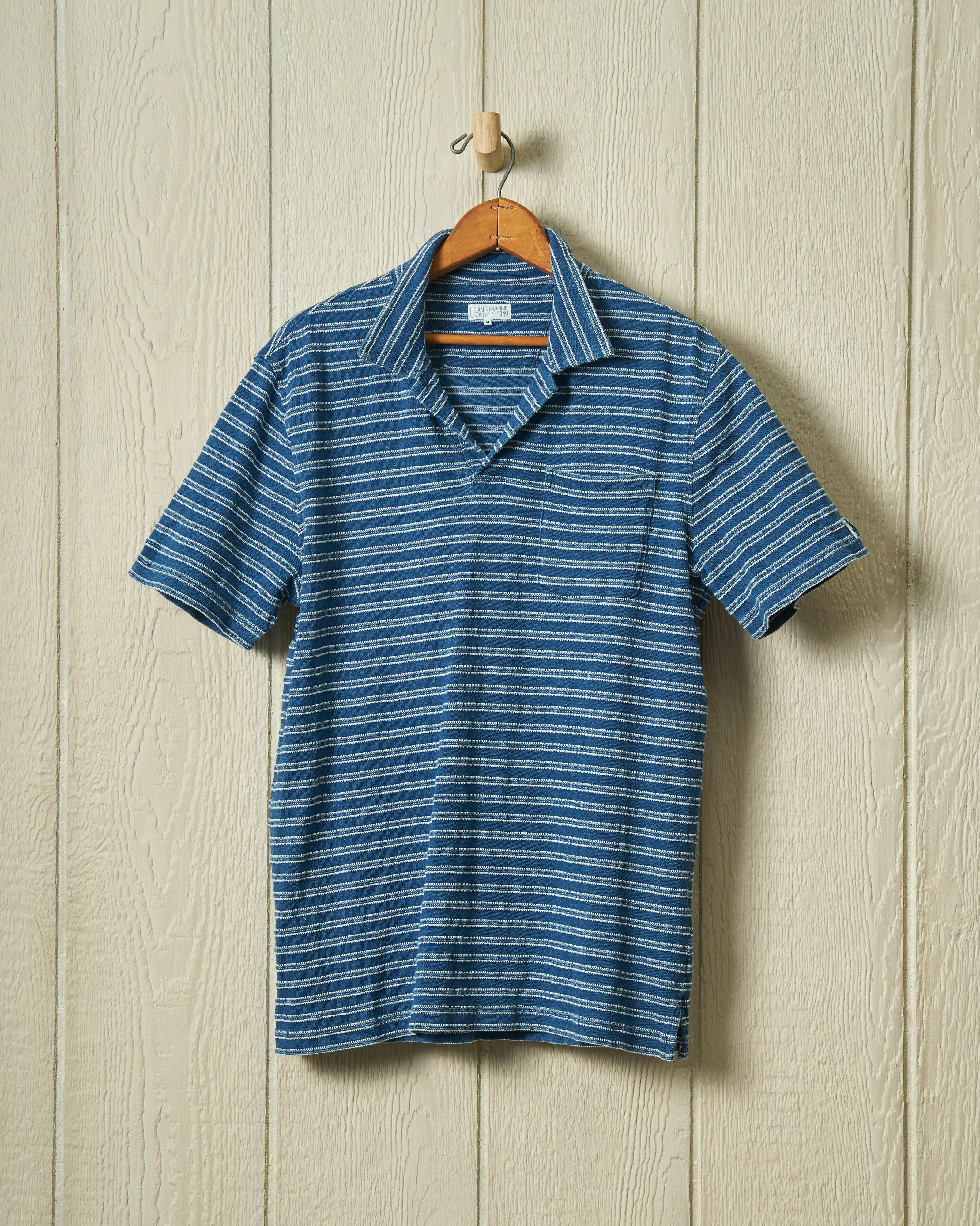 Indigo Polo in Mid Wash Jacquard Stripe sold by Quaker Marine Supply