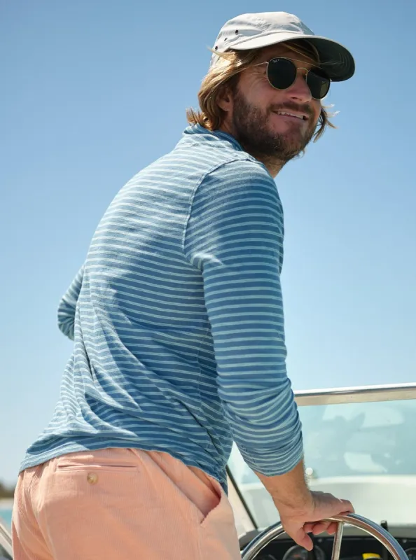 Long Sleeve Indigo Polo in Aquamarine Double Stripe sold by Quaker Marine Supply