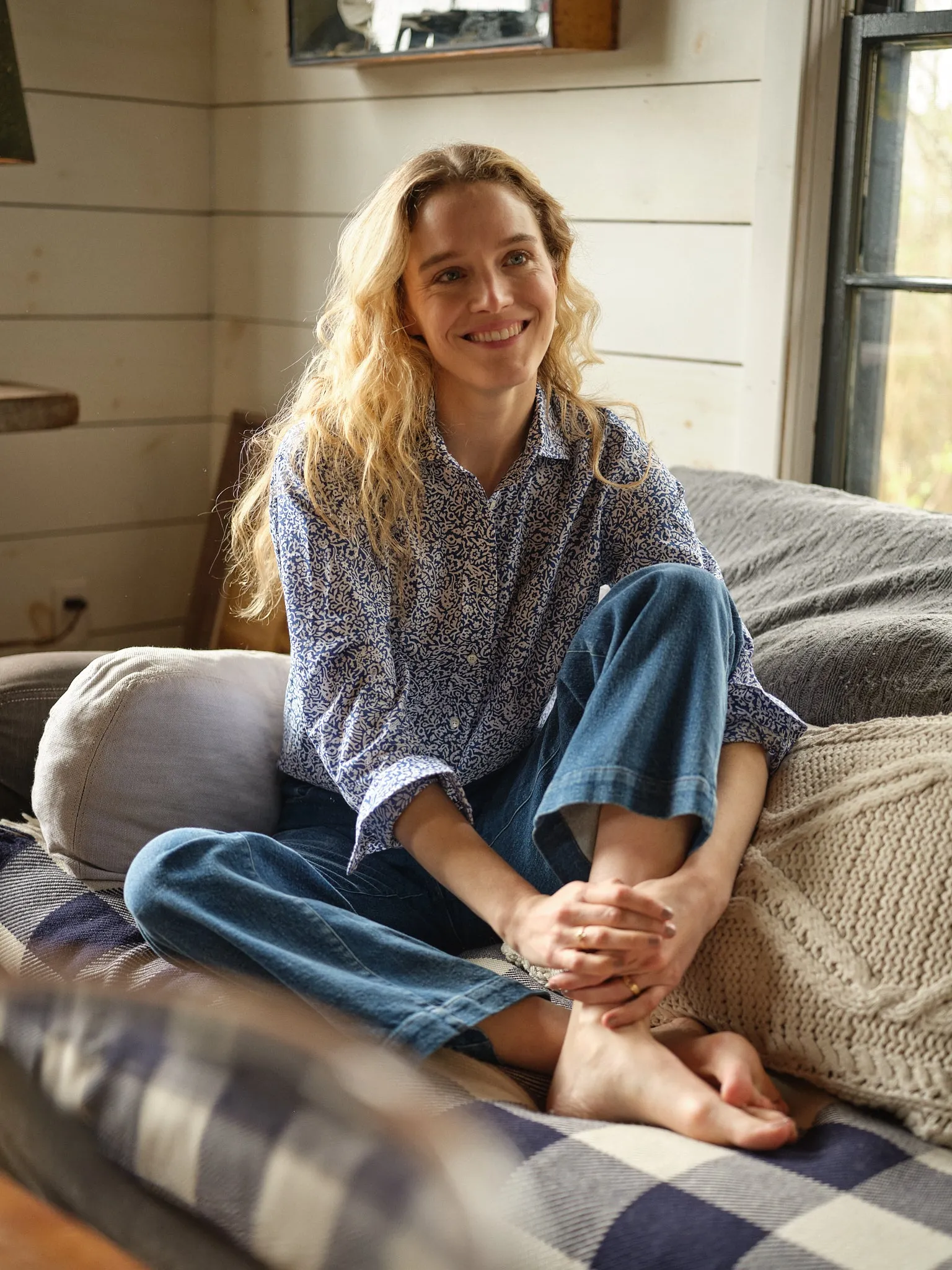 Women's Point Collar Blouse in Navy Summer Floral sold by Quaker Marine Supply