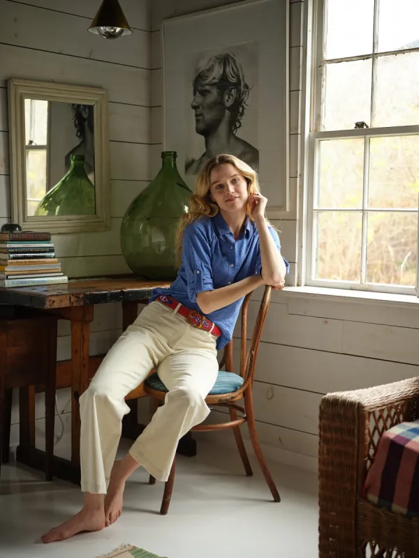 Women's Five Pocket Pant in White Corduroy sold by Quaker Marine Supply