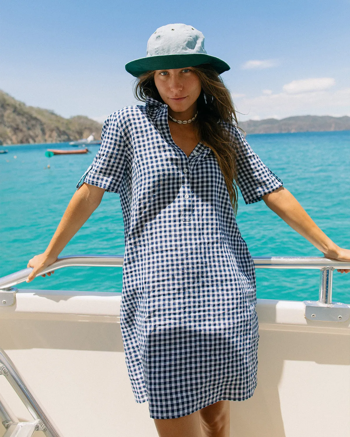 Beach Coverup in Navy Gingham Linen sold by Quaker Marine Supply