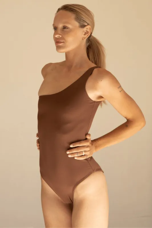 The One Shoulder One Piece - Ribbed Espresso sold by Londre Bodywear
