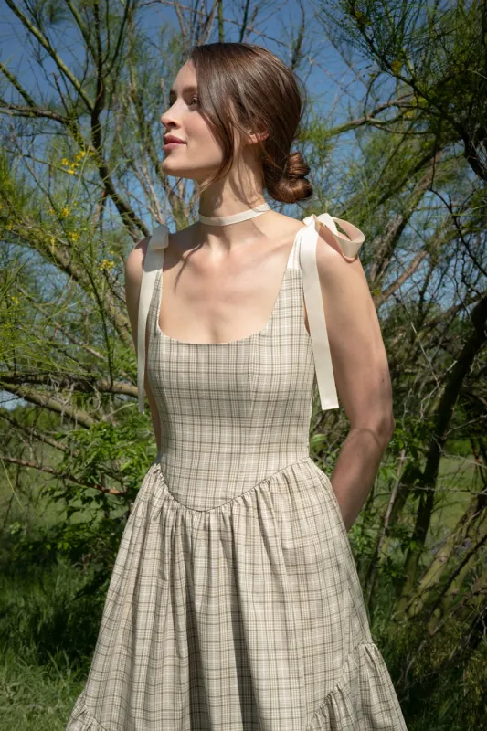 Mirabelle Dress in Organic Sage Plaid sold by Of Her Own Kind